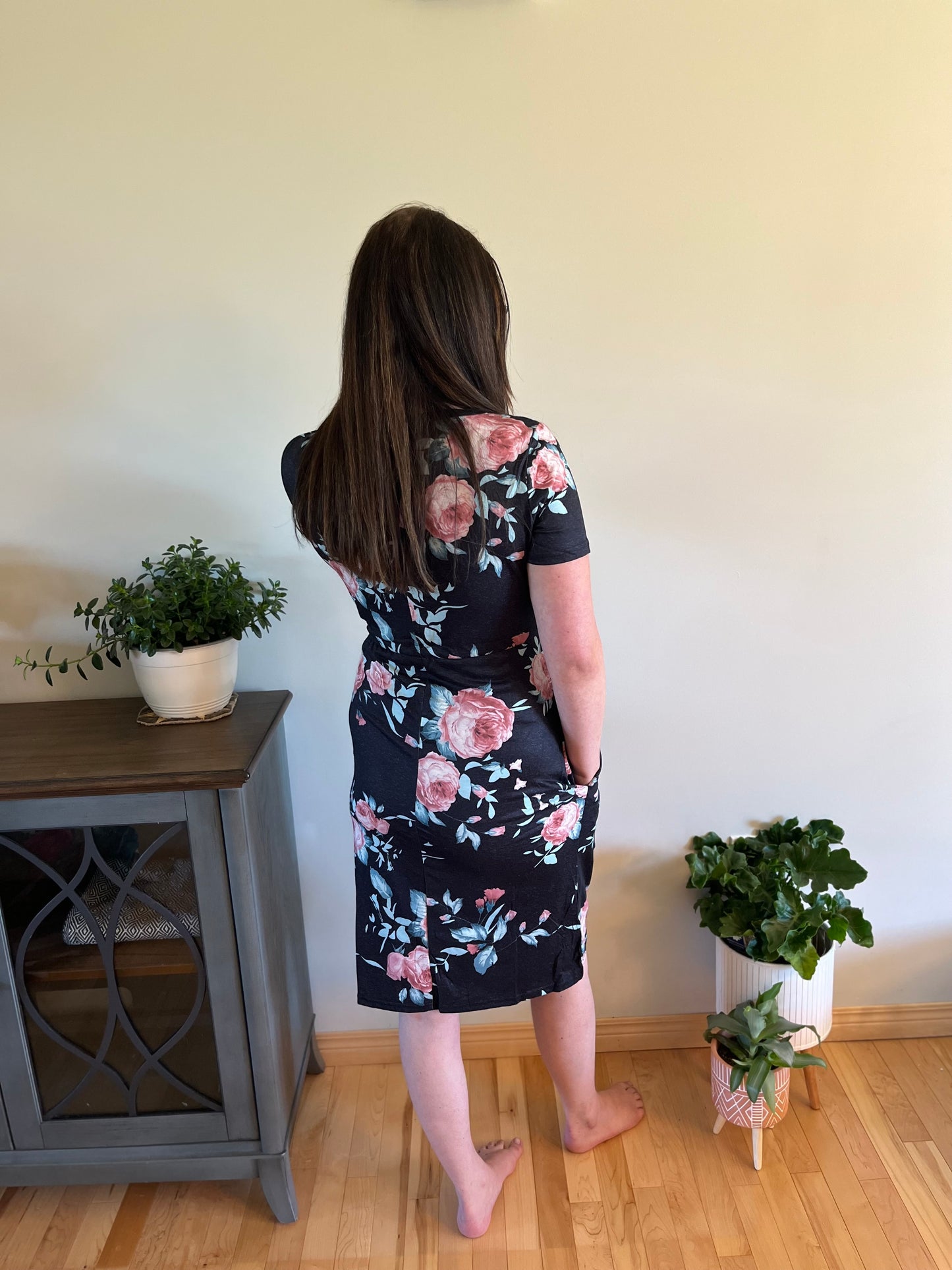 Dark Grey  Short Sleeve Pocketed Drawstring Floral Dress - SALE!