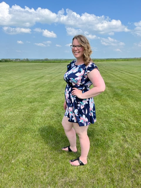 Navy Floral Flutter Sleeve Dress -SALE!