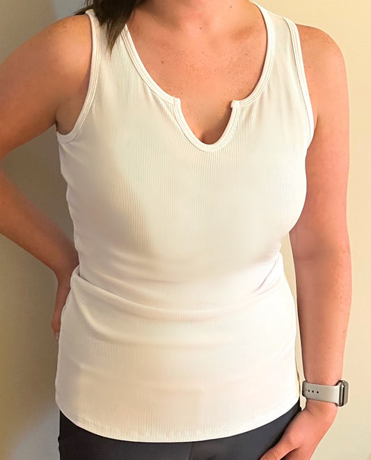 White  Split Neck Ribbed Knit Tank Top