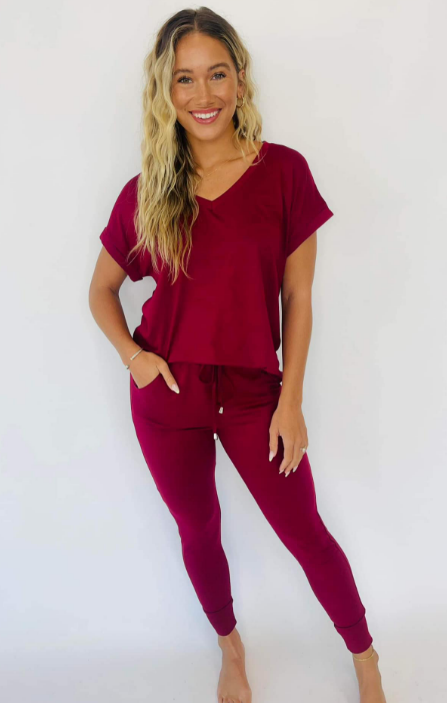 Krisie V-Neck Lounge/Pajama Set | Burgundy |